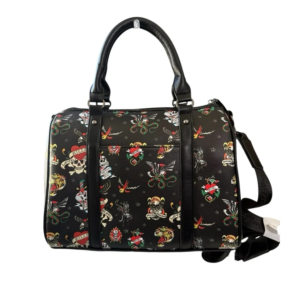 Ed Hardy Tattoo Print Black Duffle Bag Skull Tiger Eagle Travel Weekender Y2K